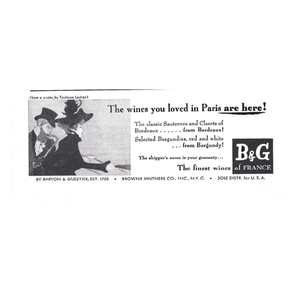 B & G of France Finest Wines You Loved in Paris NYC 1950s Vintage Print Ad